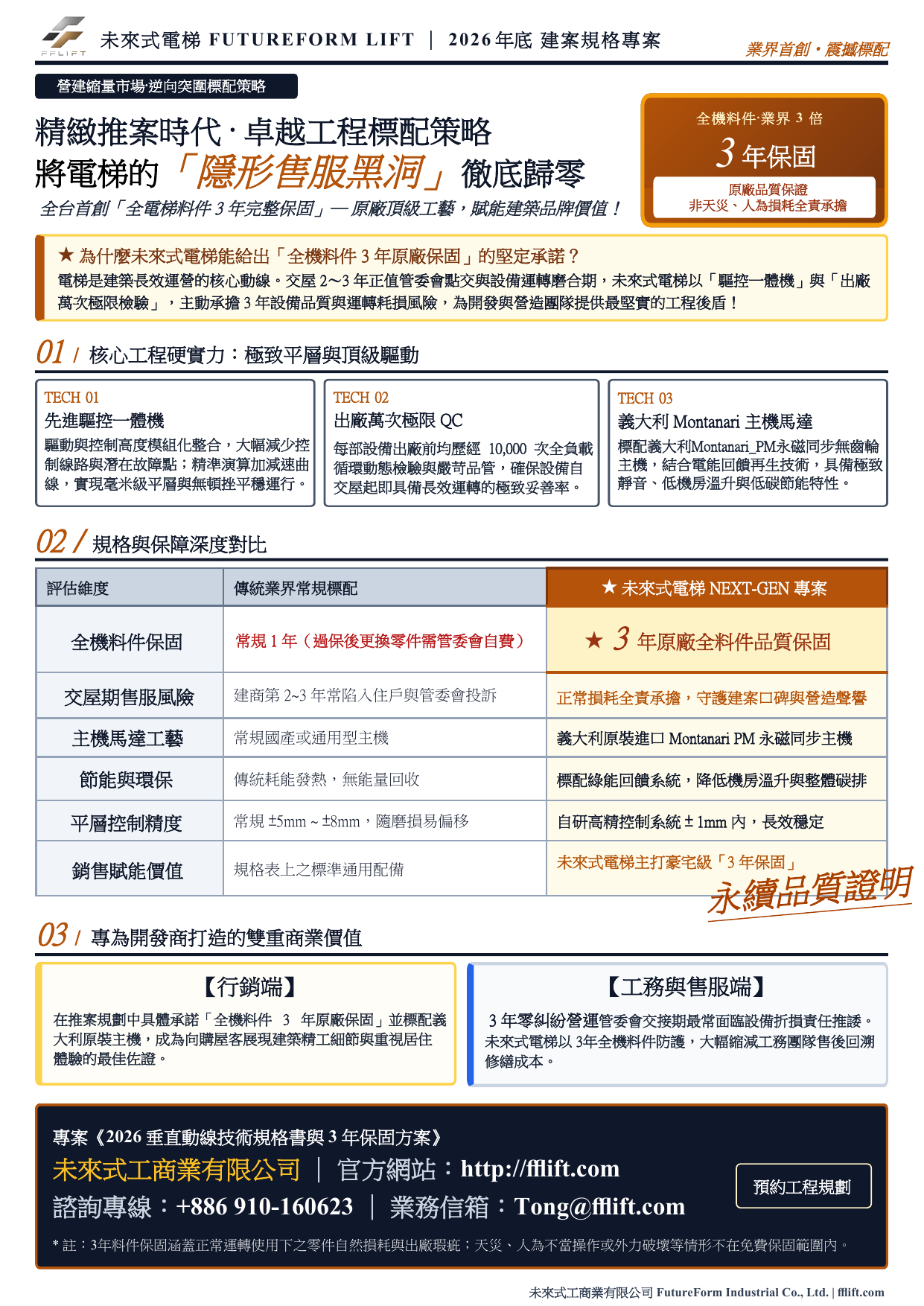 未來式電梯 3 年全料件品質保固方案單頁推廣 DM
